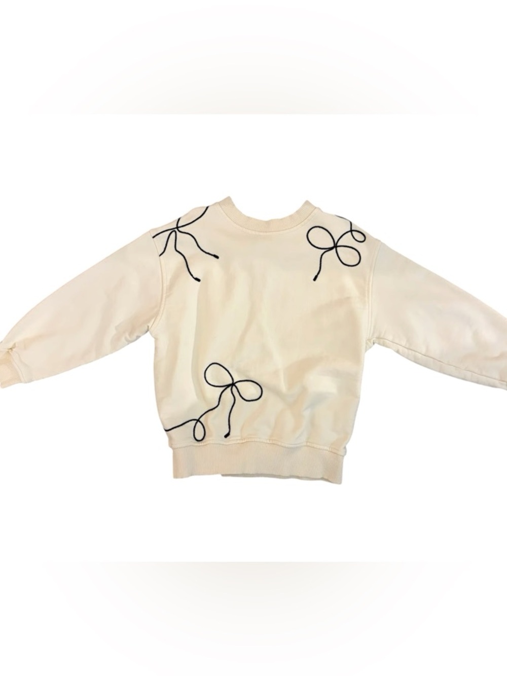 Zara Ecru Cream Crewneck Sweatshirt Embroidered Black Bow Appliqués Girls 12 yr